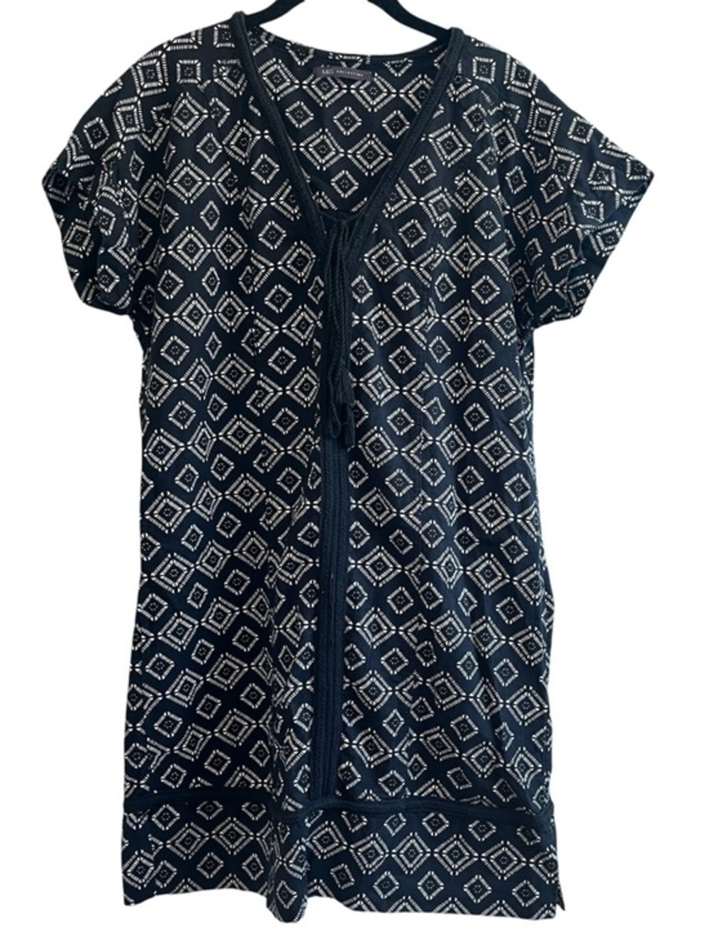 M&S Linen Blend Shift Dress UK 12  US 8 Black White Print Lace Trim Resort